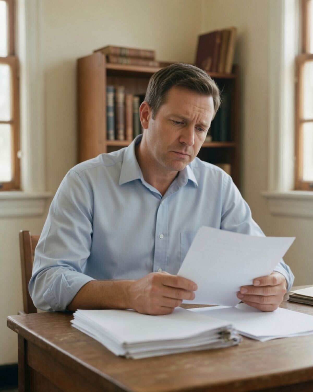 An insurance agent at a desk stacked with solicitation documents.