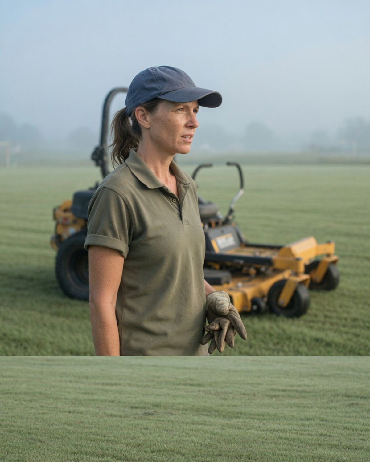A groundskeeper in work clothes beside a mower on a mown field.