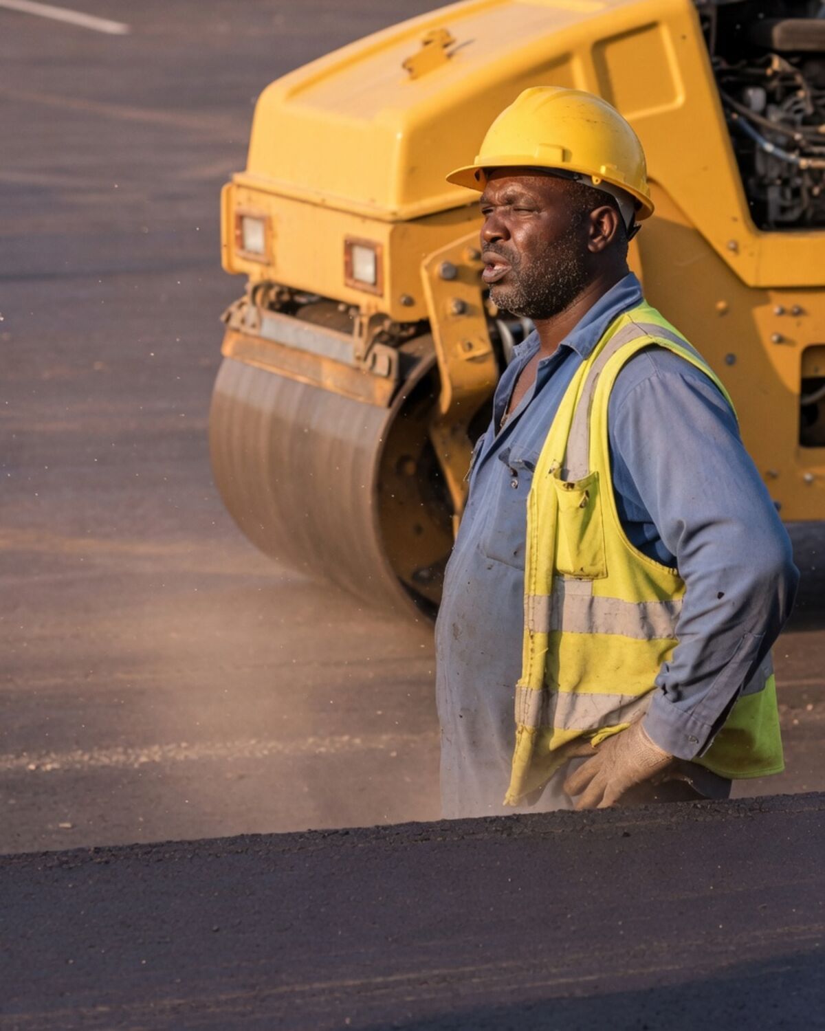 A paving contractor in a hard hat and hi-vis vest beside a roller.