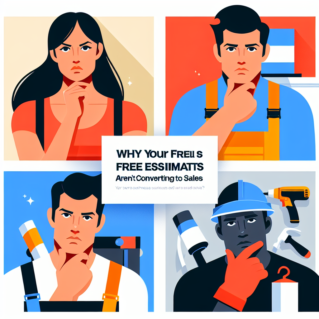 Generate a clean and professional flat-style illustration. The visual concept is for an article titled 'Why Your Free Estimates Aren't Converting to Sales' pertinent to service business owners like painters, landscapers, roofers, and handymen. Emphasize a modern, minimalistic approach using bold colors and simplistic shapes. Ensure the design is vector-based and does not include any textual content, brand names, or logos. The images should depict South Asian female roofer, a Caucasian male handyman, a Middle-Eastern female landscaper, and a Black male painter, all appearing thoughtful or frustrated as if in a situation where their free estimates aren't leading to sales.
