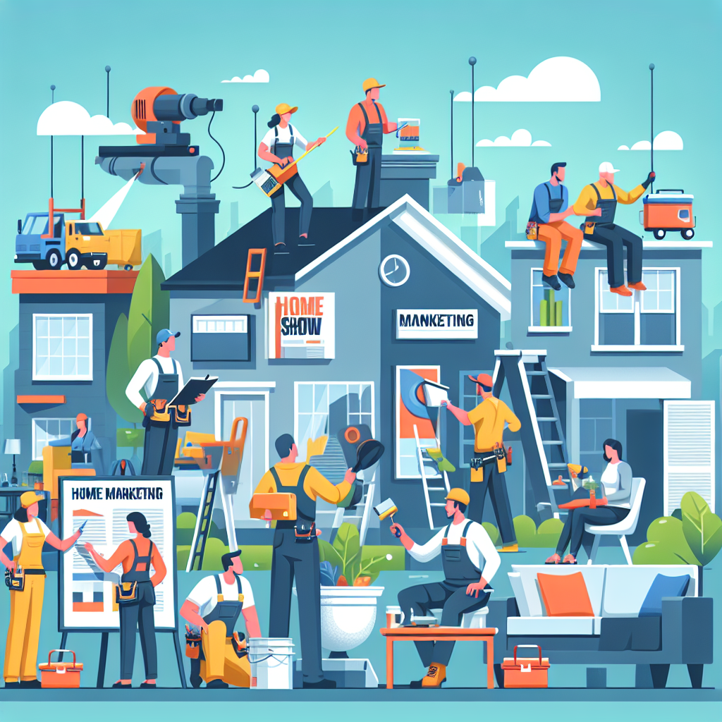 Generate a clean, professional flat-style illustration for an article related to home show marketing for service business professionals. The artwork should depict various service professions - painters, landscapers, roofers, and handymen - engaging with home show marketing activities, suiting the appeal to a broad professional audience. Render the scene in a modern, minimalistic, vector-based style, using bold, bright colors and uncomplicated shapes. Refrain from incorporating text inside the image or on any objects, and stay clear of specific brand names and logos. No descriptive text needs to appear in the final picture.