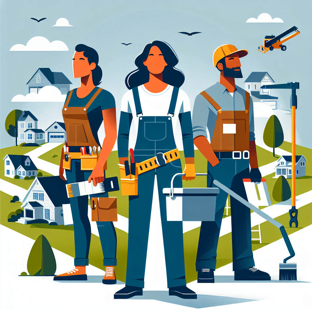 Create a flat-style, professional illustration representing the concept of service business owners, such as a Caucasian female painter, a Hispanic male landscaper, a South Asian female roofer, and a Middle-Eastern male handyman, exploring a new neighborhood. The illustration should be modern, minimal, and vector-based, with simple shapes and bold colors. The scenery should include elements of a neighborhood such as houses, trees and roads, devoid of any text, brand names or logos.