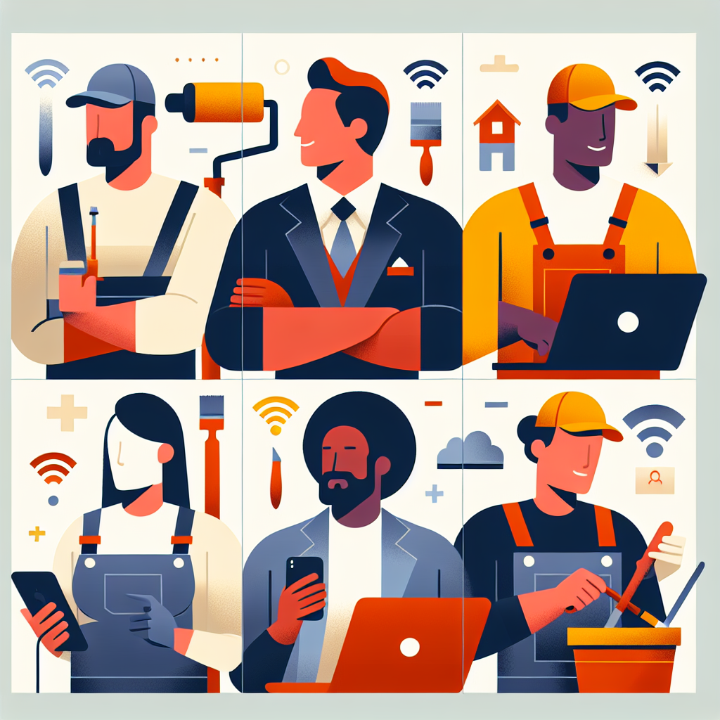Illustrate a clean, professional flat-style image for a business-related article. The image should appeal to service business owners such as a Caucasian male painter, an Hispanic female landscaper, a Black male roofer and an Asian female handyman, all presented in their professional attires and environments. The design should be minimal, vector-based with simple geometric shapes representing their online activities: desktop computer screens, mobile devices, and WiFi symbols. Use a palette of bold, intense colors. Remember to not include any text within the image or on any objects and to maintain an avoidance of brand names or logos.