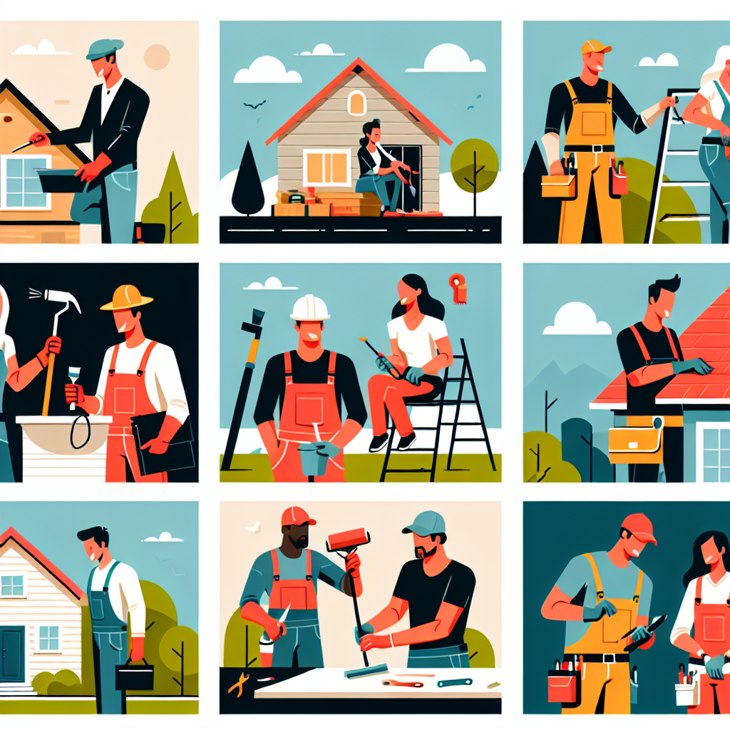 Generate a flat-style professional illustration for a business-oriented article. In the image depict scenes like a painter painting a house, a landscaper trimming a garden, a roofer working on a roof, and a handyman fixing a simple broken household object. These service professionals should have various descents like Caucasian, Hispanic, Black, and South Asian. The genders should be mixed among the people portrayed. The style of the illustration should be modern and minimal, with a vector-based design, bold colors, and simple shapes. Ensure no brand names, logos or textual elements are visible in the image.