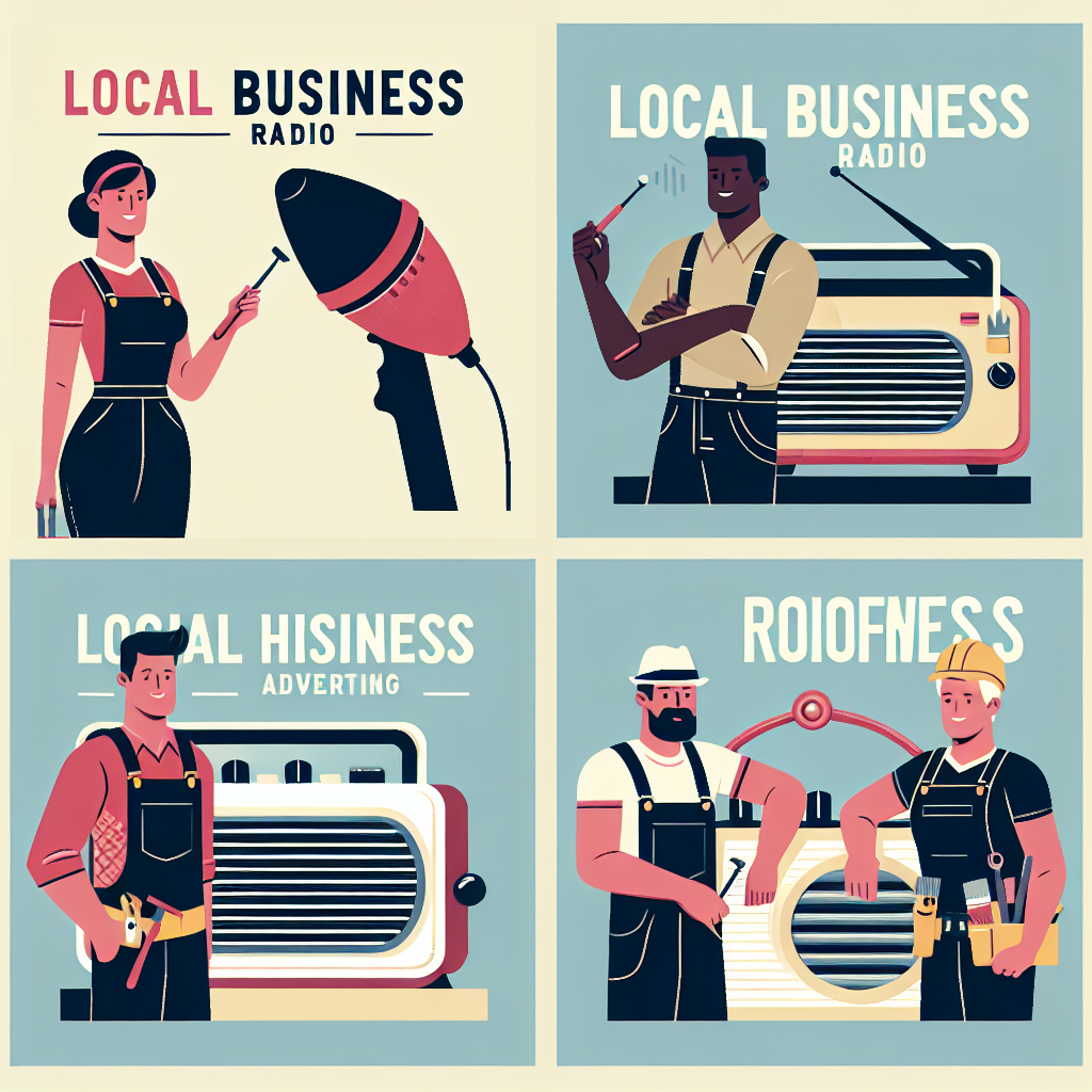Create a modern, minimalistic, and professional flat-style illustration. The image should evoke the theme of local business radio advertising, targeting service professions like a Caucasian female painter, a Hispanic male landscaper, a Black male roofer, and a Middle-Eastern female handywoman. These characters may be presented interacting with oversized vintage radios, symbolic of the advertising strategy. Ensure that the design is vector-based with bold colors and simple shapes. Avoid any text or recognizable brand logos in the design.