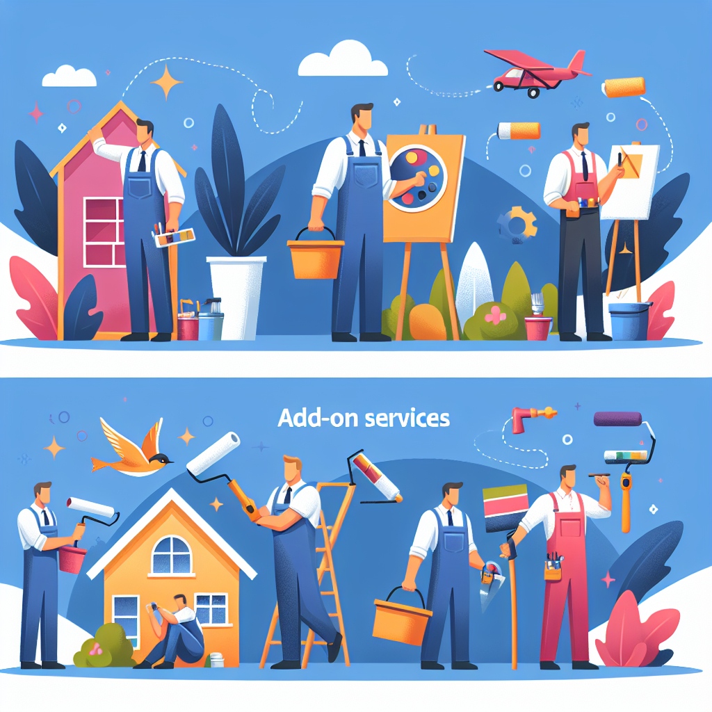 Generate a flat-style illustration that has a professional, clean appeal. The image should attract the attention of service business owners, which include painters, landscapers, roofers, and handymen. In order to represent the marketing of add-on services, depict different types of these service professionals engaged in their respective works, each holding an item symbolizing an additional service they could offer. Opt for a modern, minimalistic vector-based design accented with bold, vibrant colors and simple shapes. Ensure that no text, brand names, or logos are present in the scene.