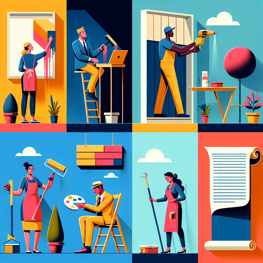 Create a clean, professional flat-style illustration suited for a business-related article. The illustration should visually appeal to service business owners, comprising two parts. One part displays various professions - a Caucasian woman painting a wall with a bright, bold colour, a Black man trimming a topiary in an extravagant design, a Middle-Eastern man on a rooftop installing shingles, and a South Asian woman skillfully repairing a wooden chair. The other part symbolizes a sales script, shown as a scroll or a piece of parchment paper. Use a modern, minimal, vector-based design with bold colors and simple shapes. Exclude any text, brand names, and logos from the overall design.