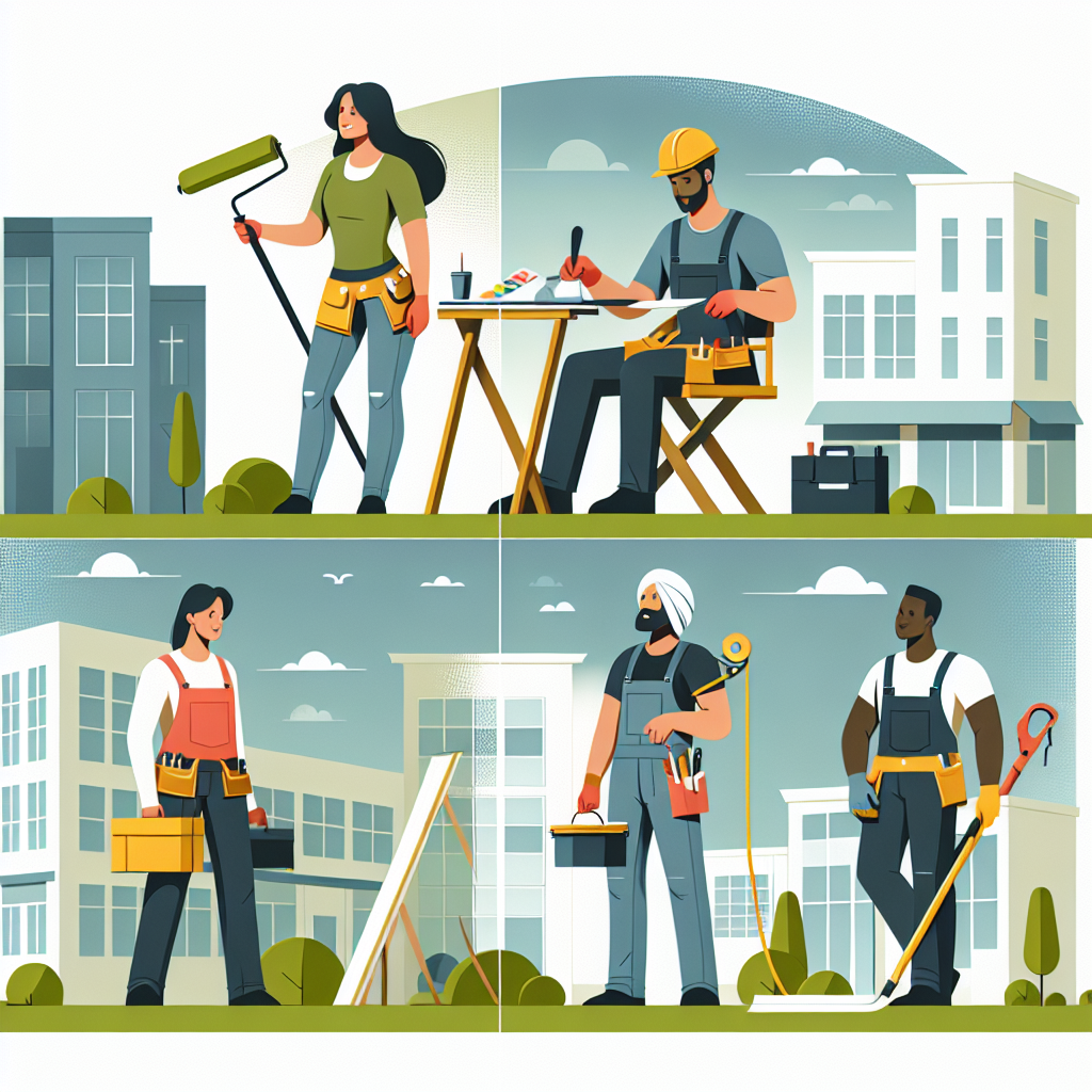 An illustration in clean, flat style depicting an engaging scene that would appeal to commercial service business owners, such as a Hispanic female painter, a Middle-Eastern male landscaper, a Caucasian female roofer, and a Black male handyman. They are all engaged in different tasks representing their professions in a modern, commercial property setting. The design is minimal with vector-based elements, bold colors, and uncomplicated shapes. No text or brand logos are included in the scene.