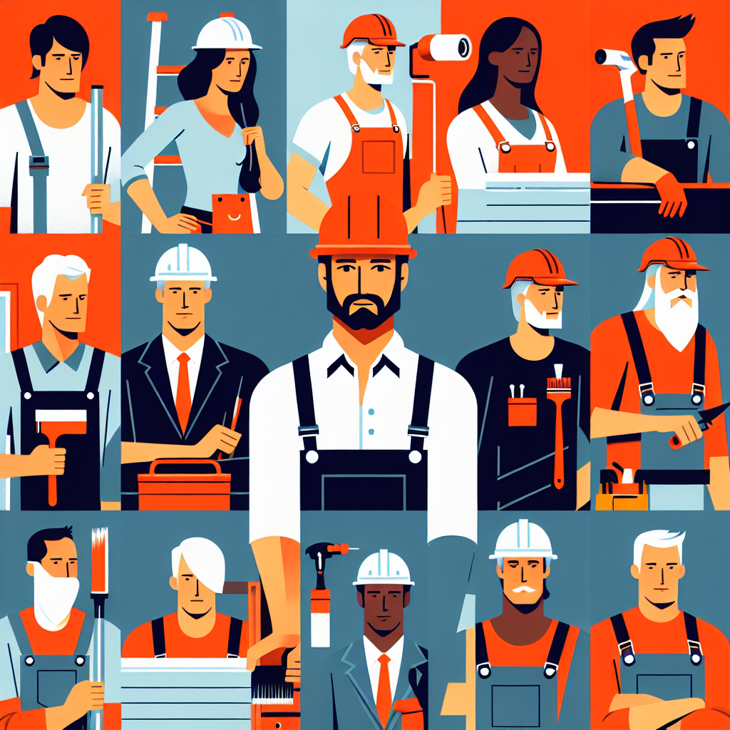 Generate a clean, professional, flat-style illustration suited for a business-oriented article. The illustration should visually represent multi-service job opportunities, appealing to service business owners like painters, landscapers, roofers, and handymen. Let these diverse professions be represented by at least four different characters, each with a unique descent such as Caucasian, Hispanic, Black, and Middle-Eastern. Ensure a modern, minimal, vector-based design with bold colors and simple shapes. Do not include any text within the image or on any objects and ensure all brand names and logos are omitted.