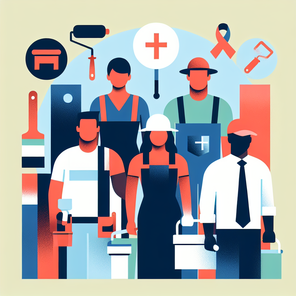 Create a modern, minimalist, flat-style illustration without any text or brand logos. The illustration, using bold colors and simple shapes, should visually appeal to service professionals. It should depict a diverse group of business owners such as a Caucasian female painter, a Black male landscaper, a Hispanic female roofer and a Middle-Eastern male handyman. The illustration should also subtly incorporate symbols of churches and non-profits, like a simplistic cross and a charity ribbon. The vector-based design should communicate the concept of marketing to these organizations.