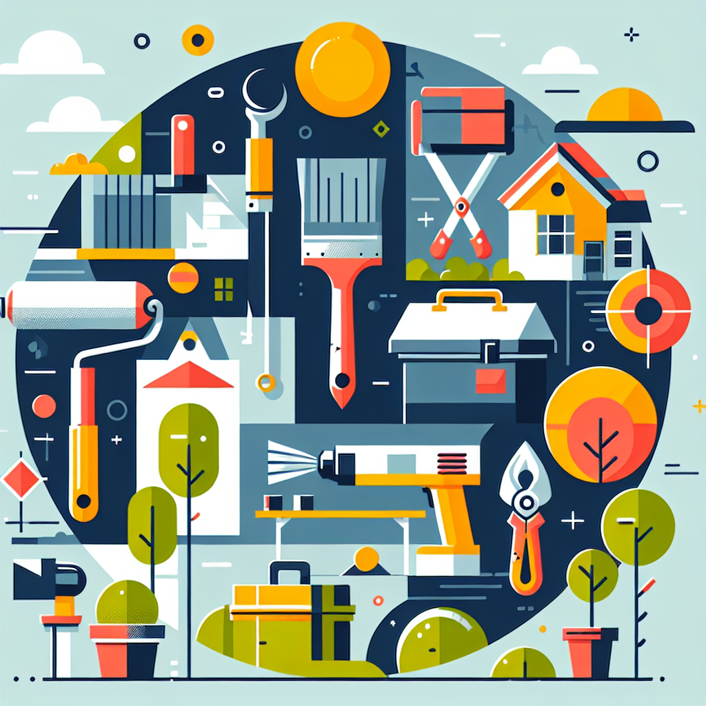 Create a flat-style illustration for a business-oriented article. The illustration needs to visually appeal to service business owners such as painters, landscapers, roofers, and handymen. Imagine a modern, minimal, vector-based design with bold colors and simple shapes. In the illustration, try to include elements that represent each of these professions—such as a paintbrush, a pair of pruning shears, a roofing hammer, and a toolbox. Please ensure that there is no written text within the image or on any objects, and that all brand names and logos are avoided.