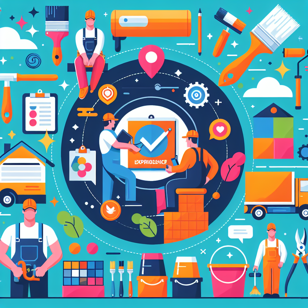 Create an eye-pleasing, professional flat-style illustration related to the theme of 'How to Get Customers to Value Your Expertise'. The image should cater to service business owners including individuals in occupations such as painting, landscaping, roofing, and handyman. The design should be modern, minimal, vector-based with vibrant colours and straightforward shapes. The image should not contain any text on it or on any items within the illustration. Brand names and logos should be avoided. Please note that the title of the article should not be included into the illustration.