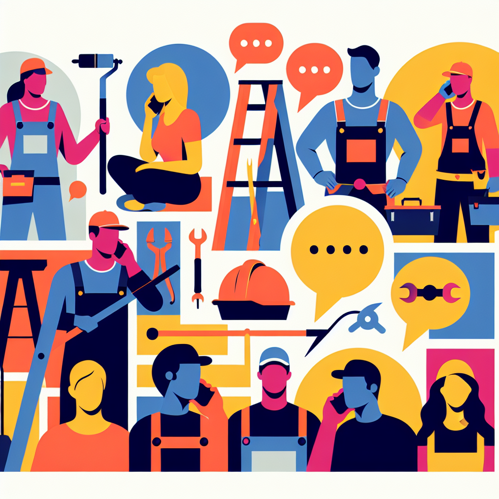 Create an image in a modern, minimalistic, vector-based design. The image should encompass a visual metaphor for communication gaps in the service industry, specifically targeting business owners such as painters, landscapers, roofers, and handymen, represented as flat-style characters of diverse descents and genders. The image should use bold, bright colors with simple shapes. To illustrate the concept of communication gaps and their effect on customer relations, include symbolism - such as disconnected phone lines or broken chat bubbles. Make sure no text, brand names, or logos are represented in the image.