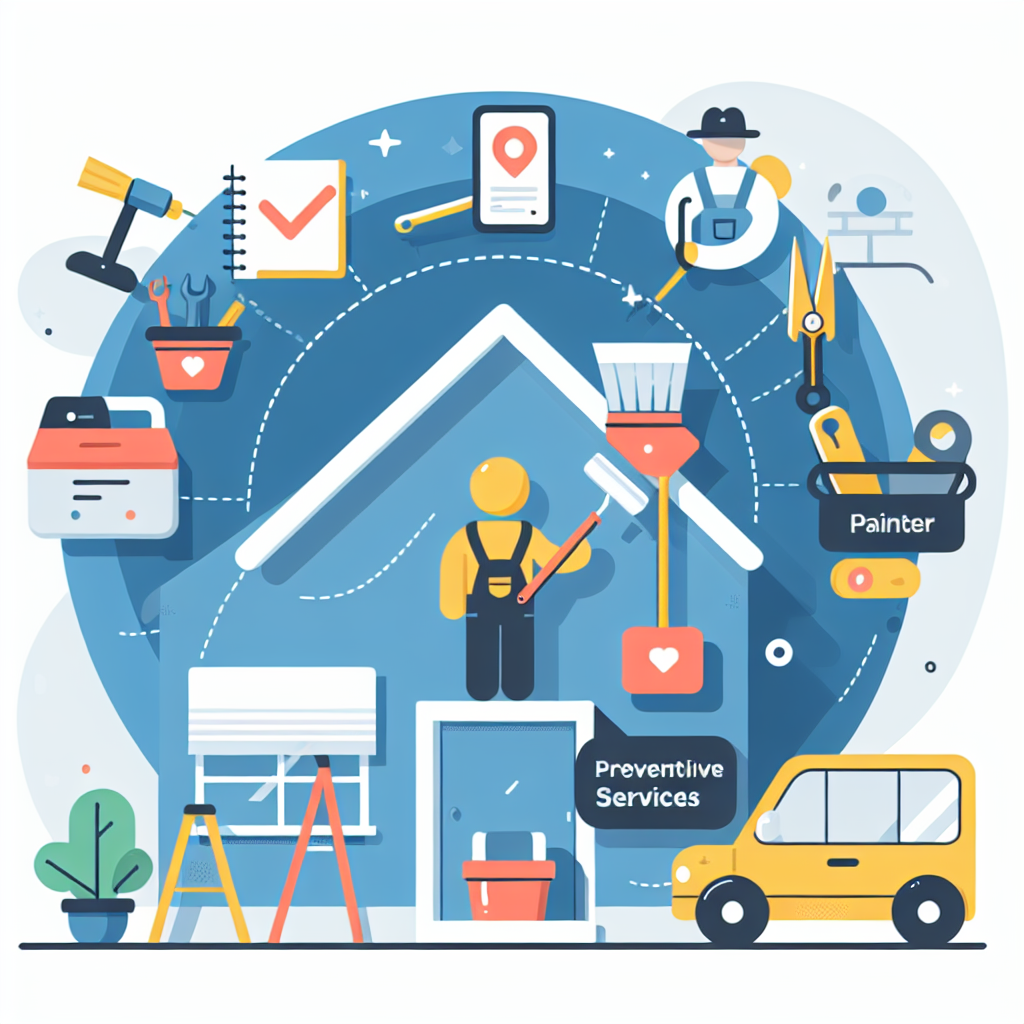 Draw a flat-style illustration with a modern, minimal, vector-based design. The image should convey the concept of customers booking preventive services. It should visually appeal to service business owners such as painters, landscapers, roofers, and handymen. Use bold colors, and have simple shapes but no text. The image should have several elements like a painter's brush, a landscaper's equipment, a roofer's tools, and a handyman's toolbox. Making a customer figure interacting with representations of these services. Do not include any brand names or logos.