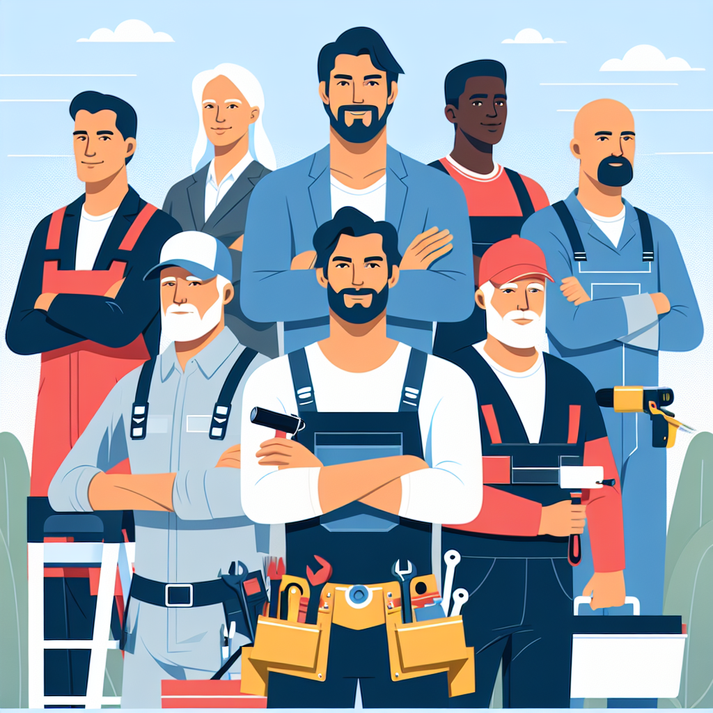 Create a clean, professional, flat-style illustration that is visually appealing to service business owners such as painters, landscapers, roofers, and handymen, with reference to Local SEO Services. The illustration should be in a modern, minimal, vector-based design with bold colors and simple shapes. Show a diverse group of service business professionals. For instance, a Caucasian painter, a Hispanic roofer, a Black landscapist, and a South Asian handyman, all looking confident and professional. Ensure that there is no text within the image or on any objects, and all brand names and logos are avoided.