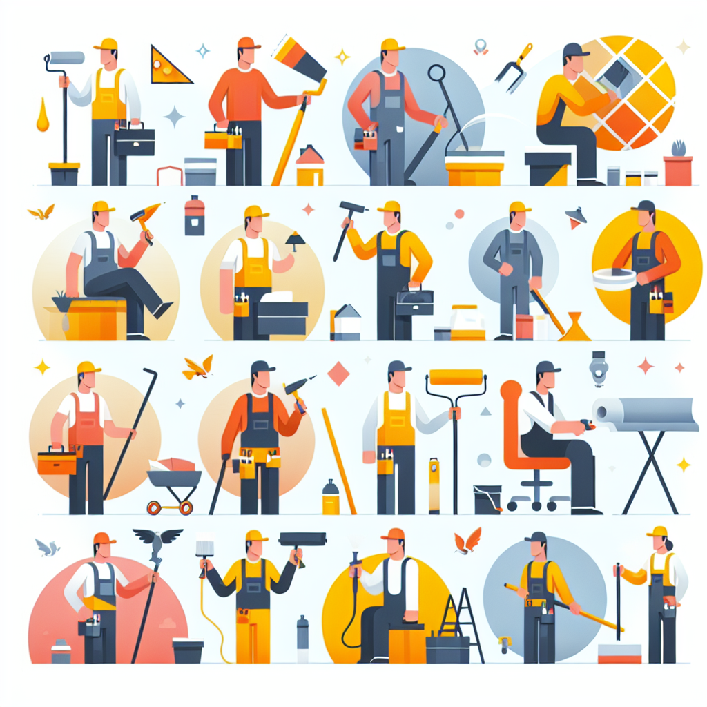 Create a flat-style illustration suited for a business-oriented article. The image should depict a variety of service professionals including painters, landscapers, roofers, and handymen in a modern, minimal, vector-based design. Each professional should be engaging with their respective tasks using simple objects that represent their work. Utilize bold, attractive colors, and focus on unadorned, simple shapes to convey the concepts. There should be no text, brand names, or logos in the image.