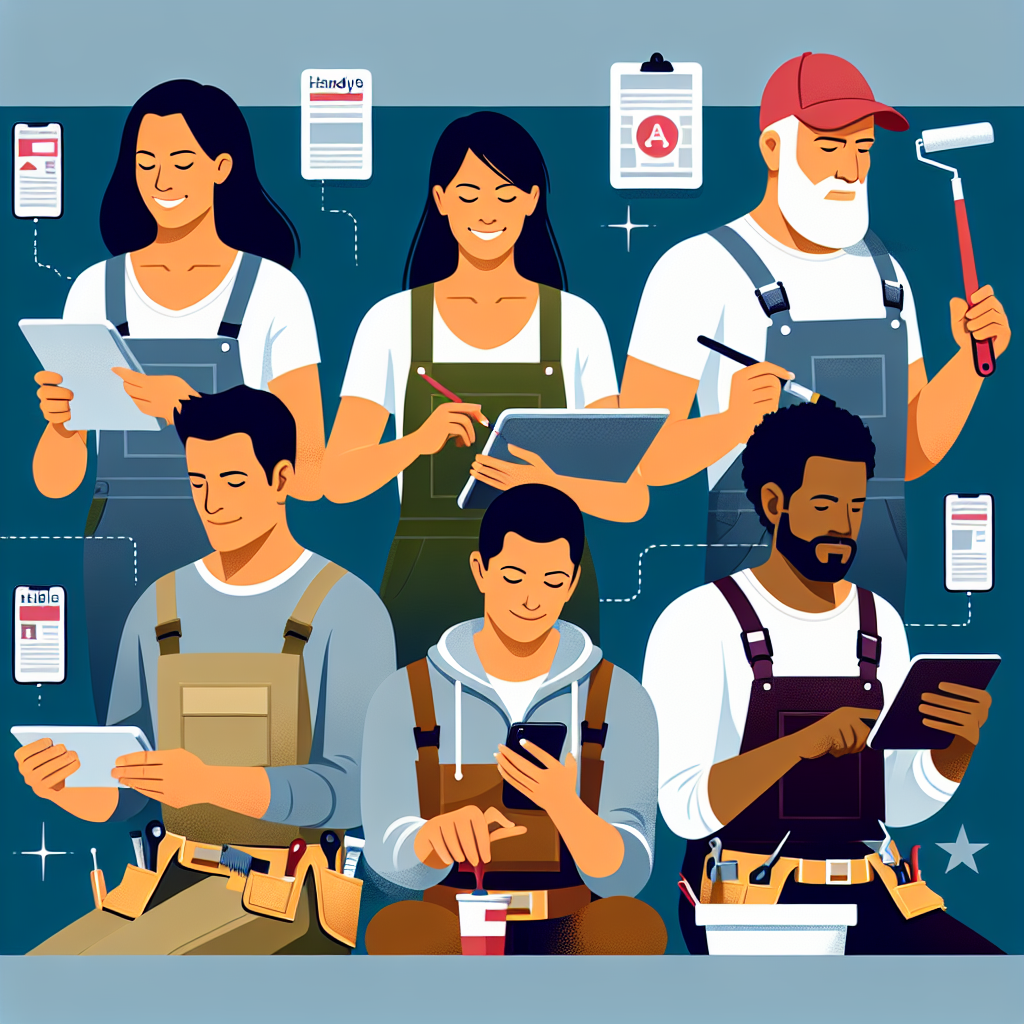 Create a sleek, professional flat-style illustration suitable for an article aimed at service business owners. The illustration should encapsulate the general theme of online advertisement costs for contractors. Depict a mix of service professionals such as a female South Asian painter, a male Caucasian landscaper, a male Hispanic roofer, and a female Black handywoman, all engaged with generic digital devices like tablets and phones. The design should be modern, minimal, and vector-based, employing bold colours and simple shapes. Ensure no text, brand names, or logos are included within the image.