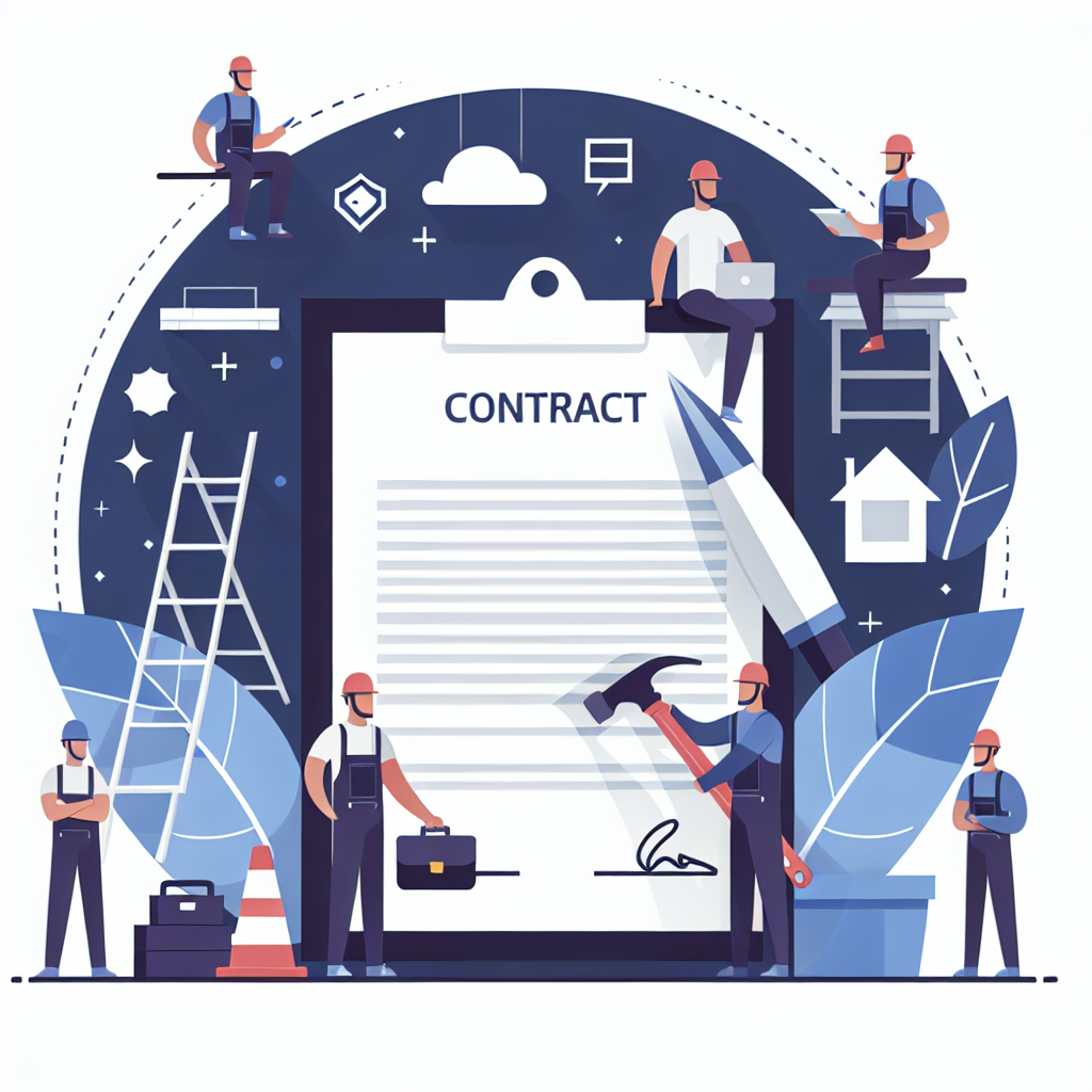Create a flat-style illustration, suitable for a service business-related article. It should be a professional, clean, and modern image which appeals to business owners from industries like painting, landscaping, roofing, and handyman work. There should be representations of these professions interacting with a contract in some manner that seems beneficial or protective. The art style should be minimalistic, comprised of simple shapes, and use a palette of bold colors. The composition should be designed with vector-based elements. Please make sure no text, brand names, or logos are present.