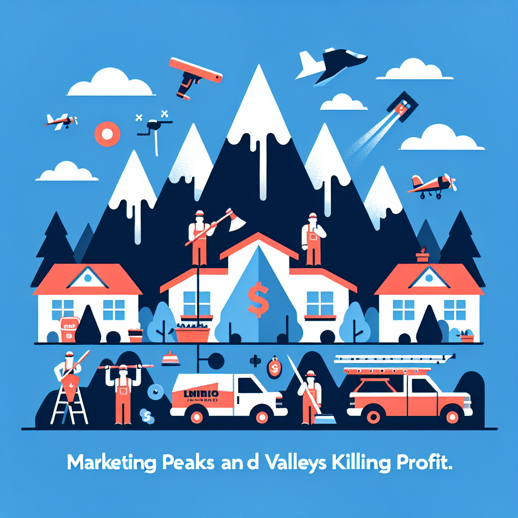 Create a professional flat-style illustration that visually represents the concept of 'marketing peaks and valleys killing profit'. The image should appeal to service business owners like painters, landscapers, roofers, and handymen, represented by minimalistic symbols or figures for each occupation. Use a modern, minimal, vector-based design with bold colours and simple shapes. Exclude all text, brand names, and logos from the image. The illustration should be clean with no clutter, simplifying complex concepts for the viewer to easily understand.
