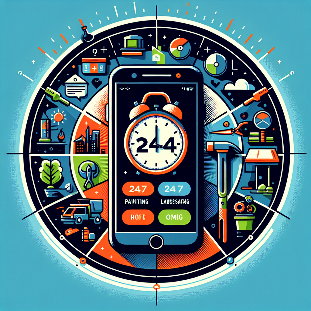 Create a powerful, professional imagery related to the concept of 24/7 emergency calls for a service business. It should evoke a sense of urgency and round-the-clock service. The central focus should be a non-branded smartphone with a bold color screen, showing highlighted symbols related to painting, landscaping, roofing, and handyman services. To illustrate the 'round the clock' aspect, include a simplistic, non-branded digital clock with numbers pointing at different times in the background, conveying the idea of constant availability. Ensure there are no textual elements in the image or on any items within it.
