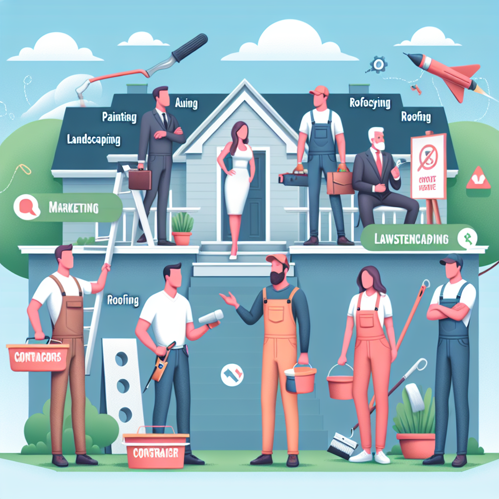 Create a clean, professional flat-style illustration for a business-oriented article. The image should visually communicate marketing strategies towards customers who dislike contractors. The scene should depict service business owners of different descents and genders operating in the professions of painting, landscaping, roofing, and handyman services. The design should be modern, minimalistic, and vector-based with bold colors and simple shapes. The image should be devoid of any text within it or on any objects, and all brand names and logos should be avoided.