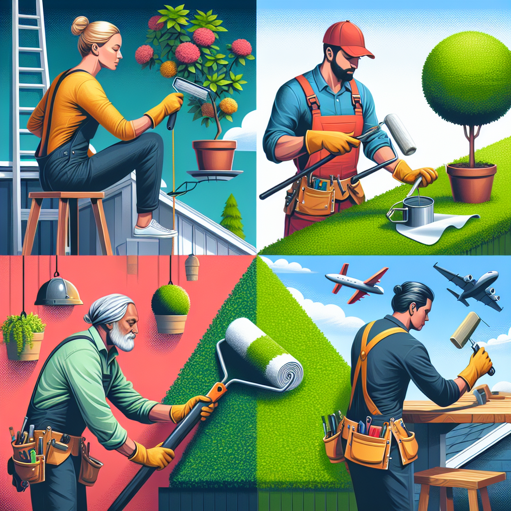 Create a detailed image to accompany an article about exclusive leads versus shared ones for service businesses. Display diverse business owners in the thick of their careers: a Caucasian female painter carefully coating a wall with a vibrant color; a Hispanic male landscaper pruning a lush green topiary; a Black female roofer, wearing a safety harness, installing tiles on a roof under a clear sky; and a Middle-Eastern male handyman fixing a wooden table. There are no brand names or logos in sight, and no text appears on any items within the image.