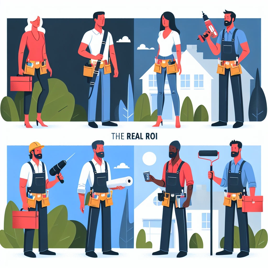 Create a flat, vector-based illustration in a clean, professional style. The illustration should communicate the theme of 'The Real ROI of Professional Photography'. Visually, it should appeal to service business owners such as a Caucasian female painter, a Hispanic male landscaper, a Black female roofer, and a South Asian male handyman. Employ a modern aesthetic with minimal design elements, bold colors, and simple geometric shapes. Remember to omit any text from the scene or on any object within the image and steer clear of any brand names and logos.