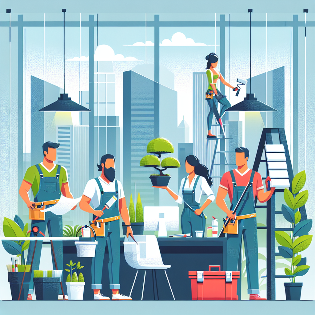 Create a clean, professional flat-style illustration. The imagery should visually appeal to owners of service businesses like painting, landscaping, roofing, and handyman services. The setting for the illustration should be a generic corporate office environment, depicted in a modern, minimal, vector-based design style. The scene should involve four characters: a Hispanic male painter holding a paintbrush, an Asian female landscaper holding a small bonsai tree, a Middle Eastern male roofer carrying a set of shingles, and a Caucasian female handywoman carrying a toolbox. Use bold, bright colors and simple geometric shapes to represent these characters and their tasks, ensuring all elements are free of text, brand names, and logos.