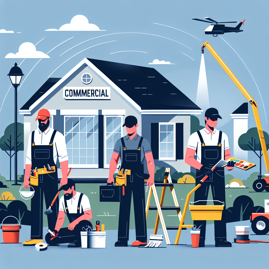 Create a clean, professional flat-style illustration. The illustration should visually depict a scene wherein service business professionals, including a South Asian painter, a Hispanic landscaper, a Caucasian roofer, and a Black handyman, are engaged in their respective tasks in a commercial property setting. Use modern, minimal vector-based design, with bold colors and simple shapes to denote the commercial property, the different tasks being performed, and the various tools used. Avoid all brand names, logos, and text in the image.