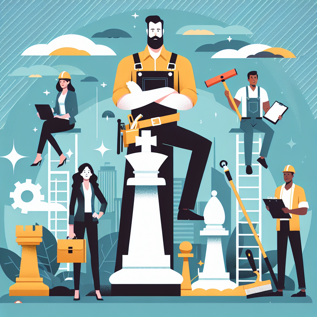Create a clean, professional flat-style illustration for a business-themed article. The illustration should visually appeal to service business owners from various sectors such as a male Caucasian painter, a Hispanic female landscaper, a South Asian male roofer, and a Middle-Eastern female handyman. Use a modern, minimal, vector-based design with bold colors and simple shapes to depict a metaphor that conveys the concept of marketing directly to decision makers, using elements such as a giant key, chess pieces, or a towering figure. Do not include any text, brand names, or logos within the image.