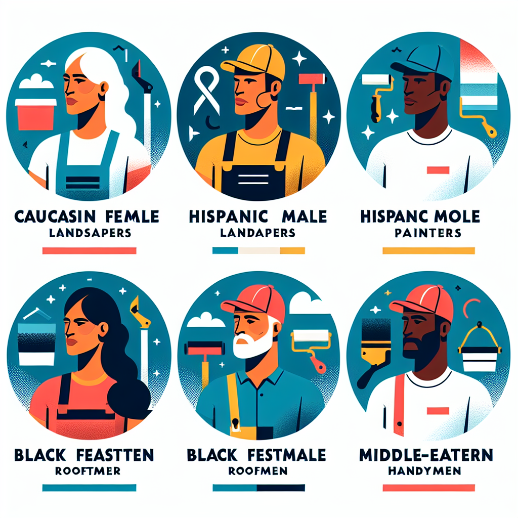 Generate a professional, clean, flat-style illustration that visually captures the notion of professional certifications for service business owners like Caucasian female landscapers, Hispanic male painters, Black female roofers, and Middle-Eastern male handymen. The design should be modern and minimalistic, using a vector-based approach with bold colors and simplistic shapes. Please ensure that no text, brand names, or logos are included in the artwork.