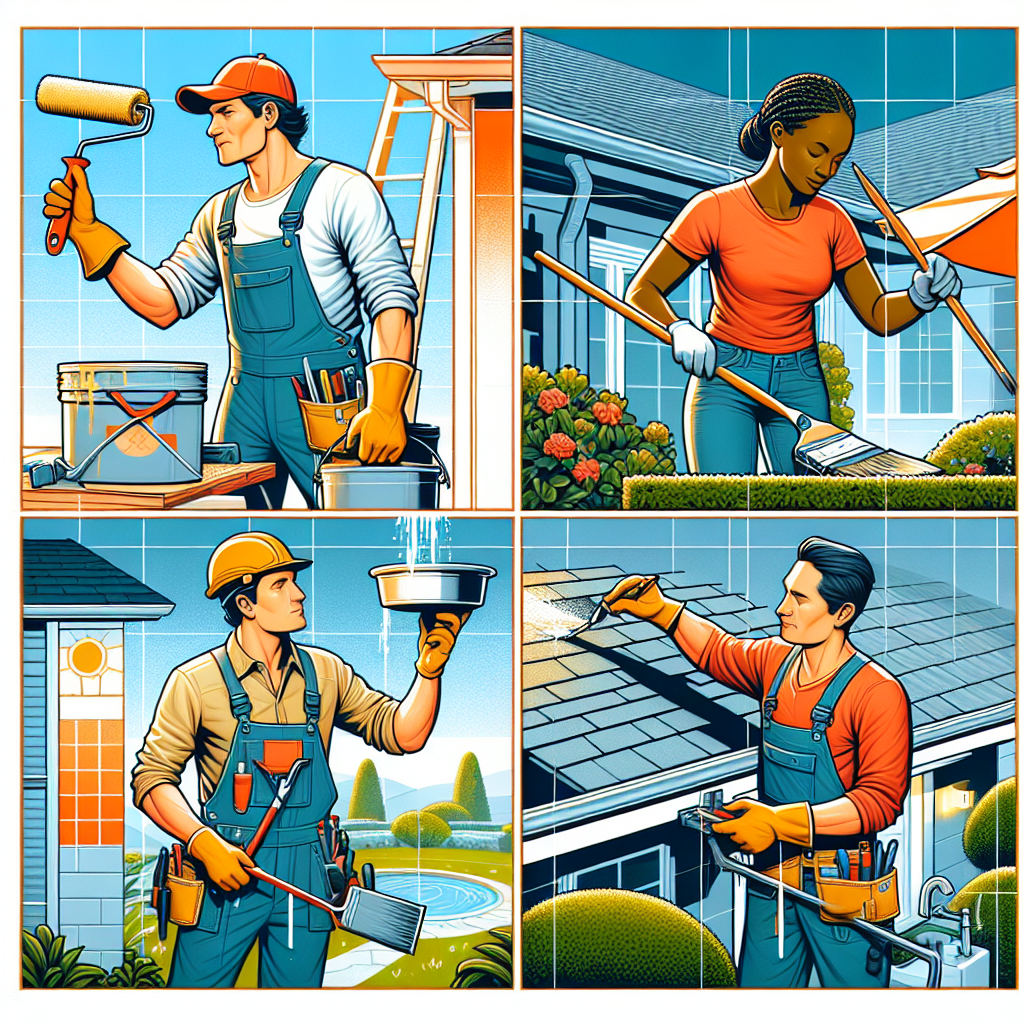 Create an illustration that is coherently divided into four different sections, each representing a type of service business. The first section should depict a Caucasian male painter in overalls and a hat, holding a paintbrush and a paint bucket, in the midst of painting a wall with broad strokes. The second quadrant should feature a female African landscaper meticulously trimming shrubbery in a pristine garden. The third sector displays a Middle-Eastern male roofer expertly installing shingles on a roofline below him, safety harness and tools evident. The final partition shows an Asian handyman adeptly fixing a leaking sink. All figures should exude professionalism. There should be no text, brand names, or logos visible in the image.