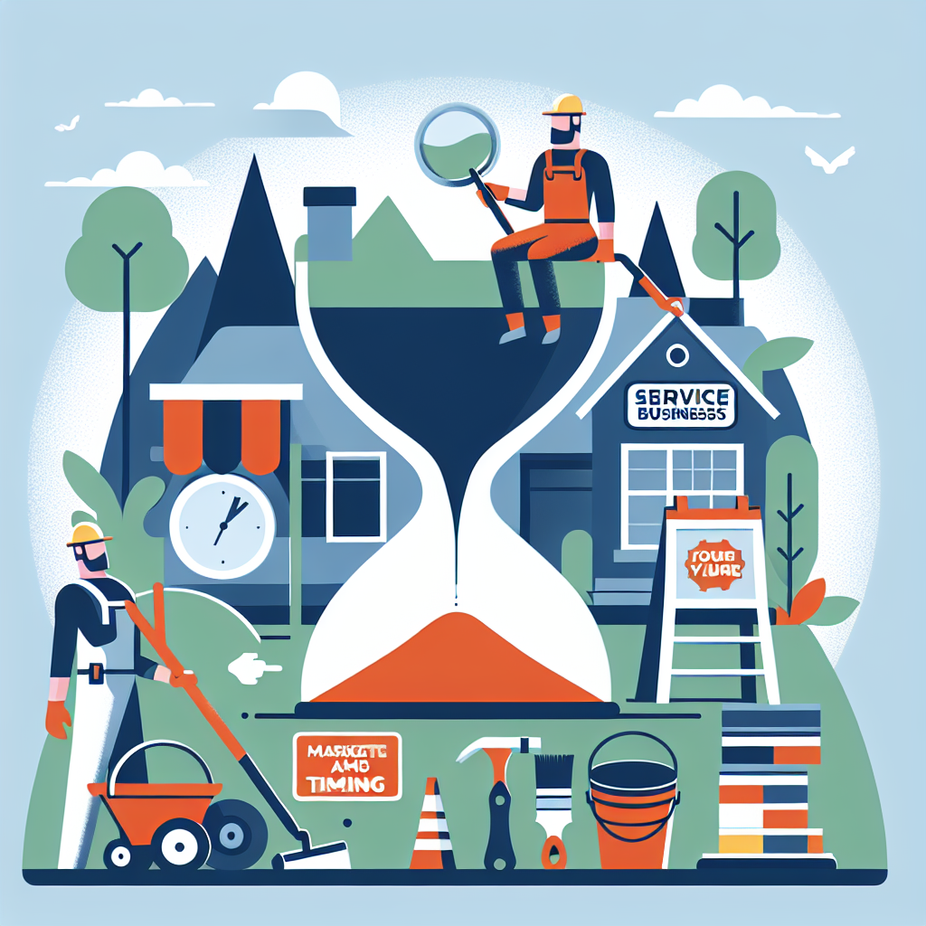 Create a flat-style, vector-based illustration evocative of service businesses like landscaping, roofing, painting, and handyman work. The image should have a sleek, professional look with a modern and minimal design. Use bold colors and simple shapes to capture the viewer's interest. Remind the viewer of the concept of time, perhaps through the inclusion of a clock or hourglass, hinting at the theme of marketing timing. All elements must be neutral without text, brand names, logos, and should be in clean, crisp lines to emphasize the flat-style.