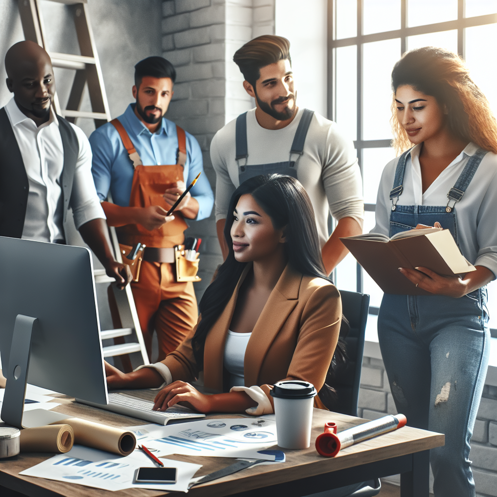 Create a professional image for a business-oriented article. The scene is an office where a Black female landsman is analyzing customer data on her computer, while a Hispanic male painter, a South Asian female roofer, and a Middle-Eastern male handyman are engaged in a discussion. Imagery should relate to the service industry but no brand names or logos should be visible. The scene should emphasize communication, professionalism, and the service industry, without using any text or logos.