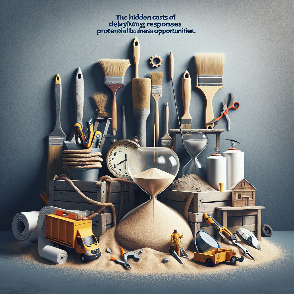 Produce an image conveying the hidden costs of delaying responses to potential business opportunities. The design should captivate service industry professionals without any textual elements or brand references. Visualize service industry paraphernalia such as paintbrushes, landscaping tools, roofing materials, and handyman tools, carelessly abandoned, along with motifs symbolic of time such as a sand hourglass or a ticking clock. Render a background suggestive of an austere business environment, to underscore the importance of timely communication in maintaining a successful service industry business.