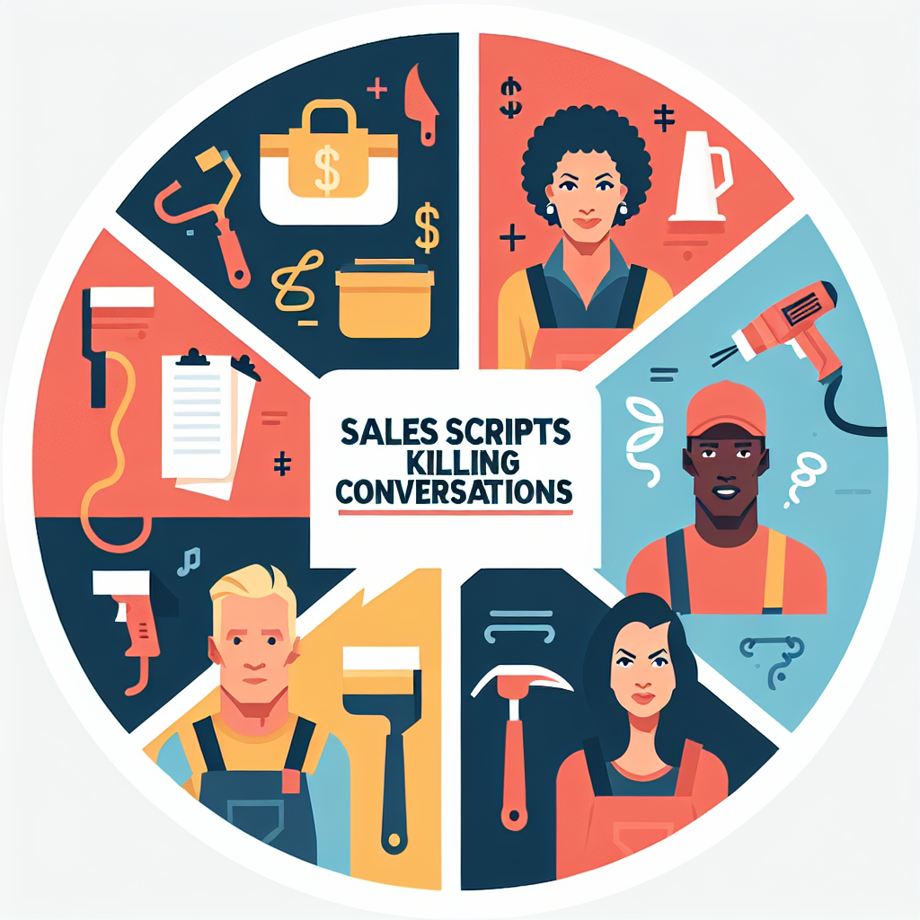 Create a clean, professional, flat-style illustration that represents the concept of 'Sales Scripts Killing Conversations'. The image should visually appeal to owners of service businesses, including a Caucasian female painter, a Hispanic male landscaper, a Black male roofer, and a South Asian female handywoman. Design it in a modern, minimal, vector-based style with bold colors and simple shapes. The depiction should exclude any textual content within the image or on any objects, and all brand names and logos should be avoided.