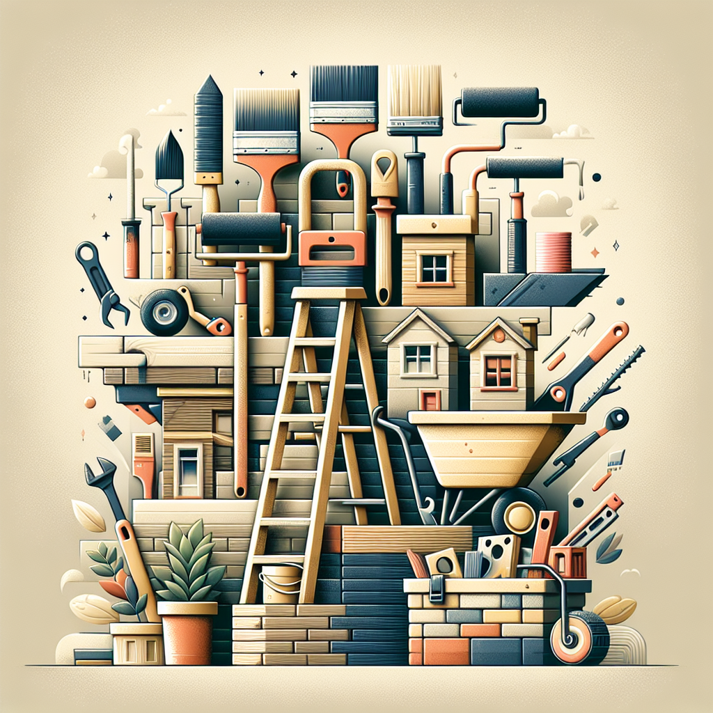 Create an engaging representation of various types of service businesses stacked together, such as a ladder and paintbrush symbolizing painters, a wheelbarrow with soil and a plant for landscapers, a roofing tool and shingles denoting roofers, and a toolbox with different handyman tools. Ensure there are no identifiable brand names or logos. Have these elements arranged unevenly implying a sense of uniformity. Use neutral colors with slight hues to represent the commonality of these features. Do not add any text to the image. Make the atmosphere professional and appealing to service business owners.