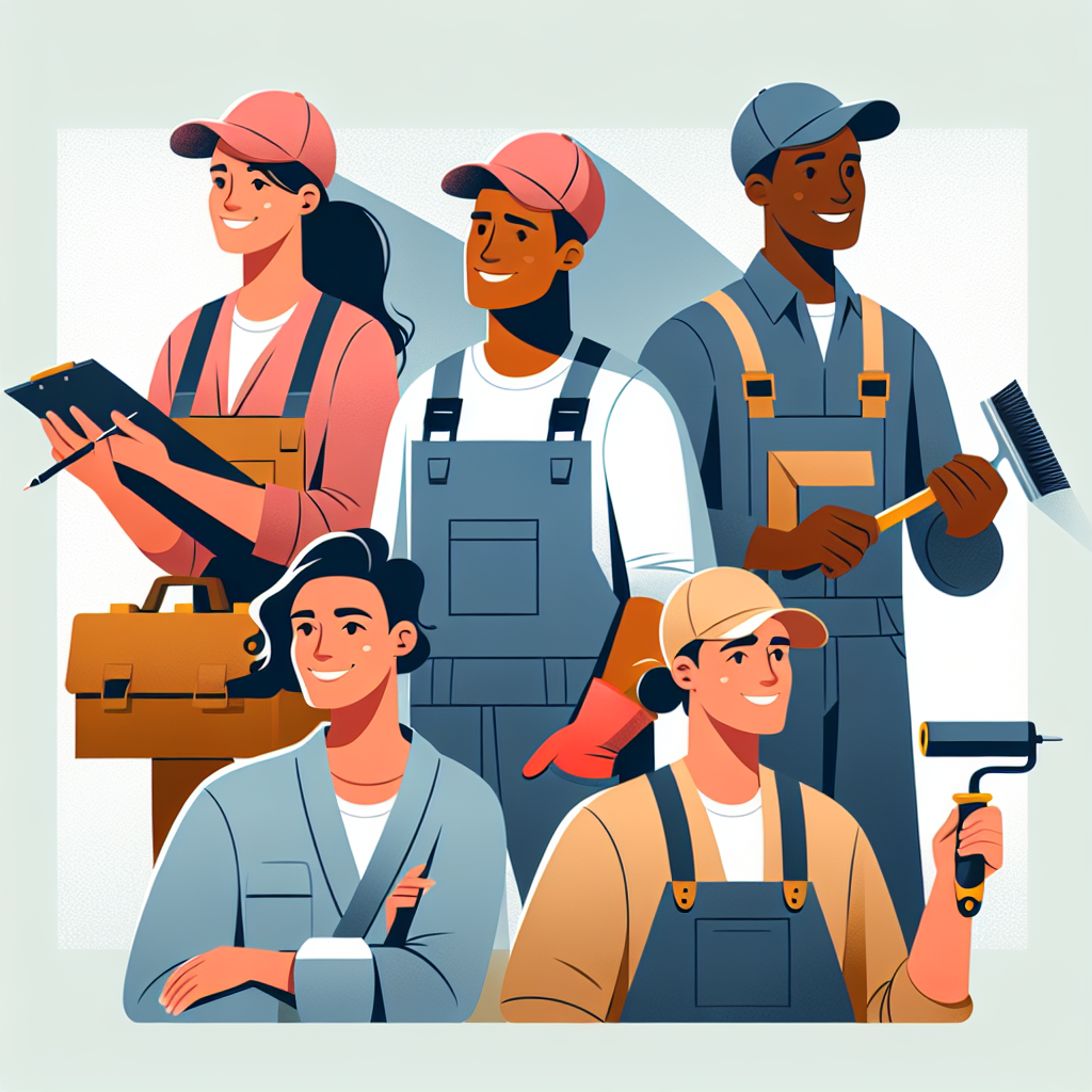 Illustrate a clean, professional, and minimalist flat-style artwork relevant to the concept of valuing time in a service business context. The illustration should visually resonate with professions such as a Caucasian female painter, a Hispanic male landscaper, a Black female roofer, and an Asian male handyman. Implement a contemporary, minimalistic, vector-based design using bold colors and simplistic shapes. Make sure to exclude any text, brand names, or logos within the image. Note: the original prompt text isn't supposed to appear in the final image.