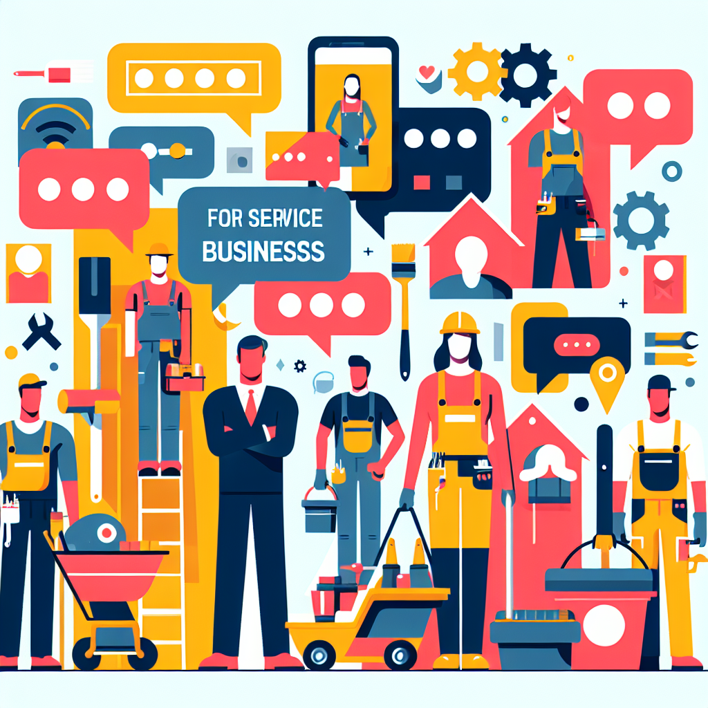 Generate a clean and professional flat-style illustration reflecting on the topic of "Chat Bots for Service Businesses". The image should visually appeal to a diverse group of service business owners such as painters, landscapers, roofers, and handymen represented with gender and descent diversity. The aesthetics of the image should adhere to a modern, minimalistic style, vector-based design with bold, vibrant colors and simple geometric shapes. Objects and characters in the scene shouldn't have any text, brand names, or logos.