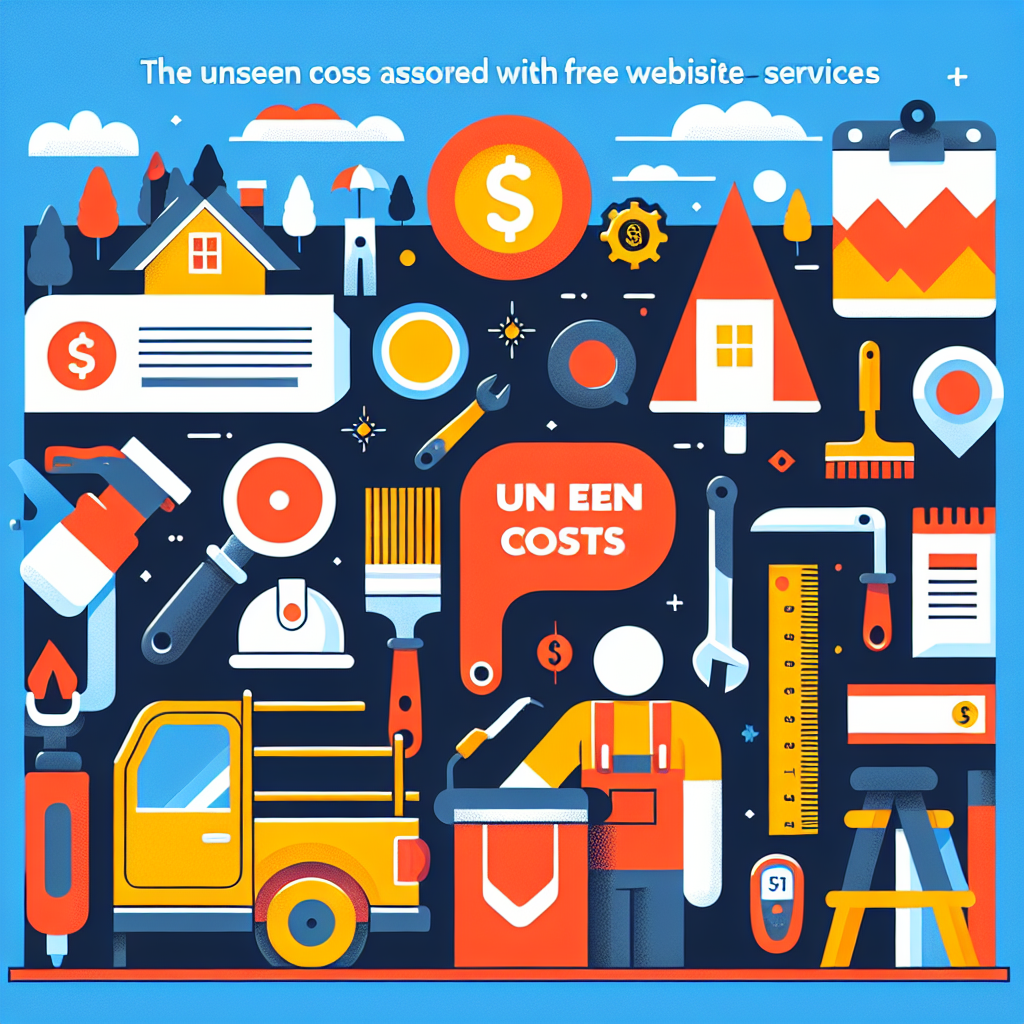 Design a flat-style illustration for an article intended for service business owners such as painters, landscapers, roofers, and handymen. The image should depict the theme of the unseen costs associated with free website services. Maintain a clean, professional appeal consistent with a modern, minimalistic aesthetic. Utilize a vector-based design approach, with bold colors and simple shapes. Please abstain from including any text within the image or on any objects. Ensure to stray away from using any brand names and logos.