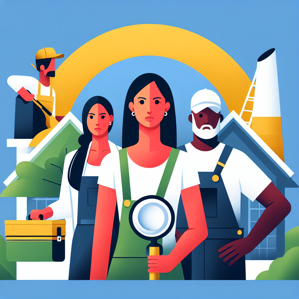 Design a clean, professional flat-style illustration representative of the narrative, 'How to Get Found on Google with Zero Marketing Budget'. The image should captivate service business owners, like a Hispanic female painter, a South Asian male landscaper, a White female roofer, and a Black male handyman. Utilize a contemporary, minimalistic, vector-based design aesthetic featuring bold colors and straightforward shapes. Ensure that there's no text within the image or on any objects represented and that no brand names or logos are present.