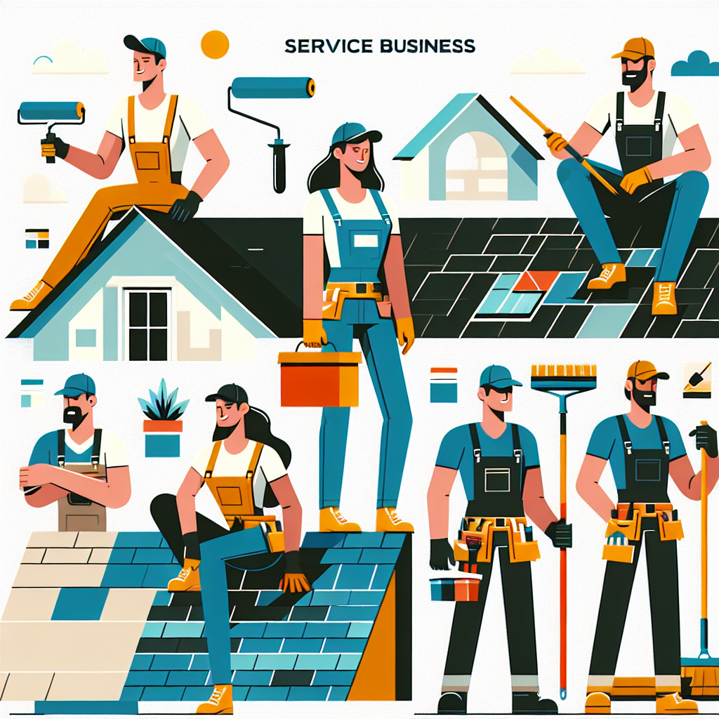 A flat-style vector illustration suited for service business owners. The illustration consists of various characters representing different occupations: a Caucasian female painter with a paint brush in her hand, a Hispanic male landscaper holding a rake, a Black female roofer arranging tiles on the rooftop, and a Middle-Eastern male handyman with a tool belt around his waist. The characters are depicted in a modern and minimal setting, with bold and vibrant colors making them stand out. The scene is devoid of any text, brand names, or logos. The scene communicates the theme of running service businesses without the need for a website.