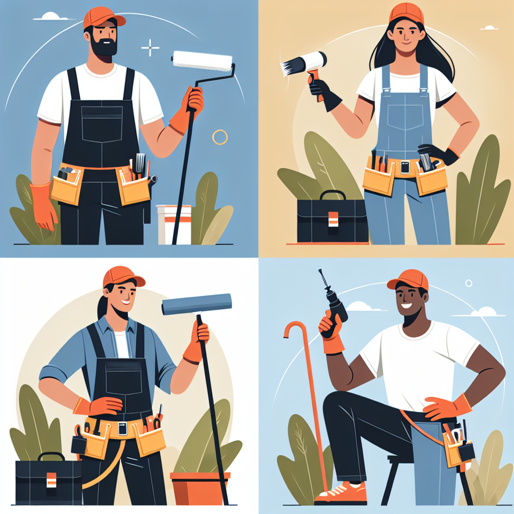 Create a clean, professional flat-style illustration that can be used for an article intended for service business owners like a Caucasian male painter, a Hispanic female landscaper, an Asian female roofer, and a Black male handyman. These characters should be depicted engaging in their respective work. Embrace a modern, minimal, vector-based design style, using bold colors and simple shapes. Please ensure no text, brand names, or logos are included within the image or on any objects.