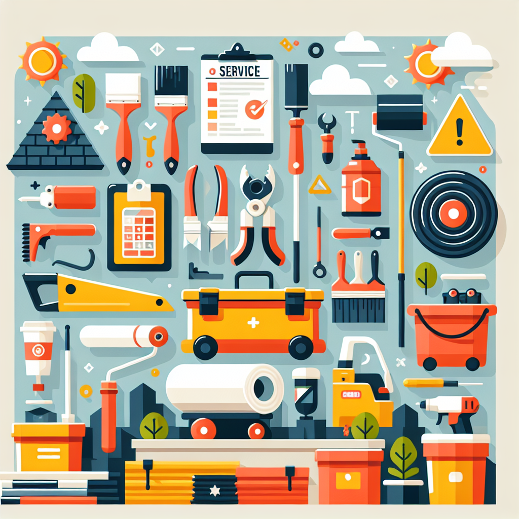 Produce a clean, professional flat-style illustration suitable for a service-oriented business advice article. The image should employ a modern, minimal, vector-based design with bold colors and simple shapes. The scene should include various elements associated with service businesses like painting equipment, landscaping tools, roofing materials, and handyman tools, all arranged in an appealing and professional manner. The equipment should appear properly maintained is showing signs of successful usage but in a neat and organized fashion, to give off the 'Established on Day One' vibes. All these elements should be generic and void of any brand names or logos, keeping the image neutral. Remember to avoid including any text within the imagery.