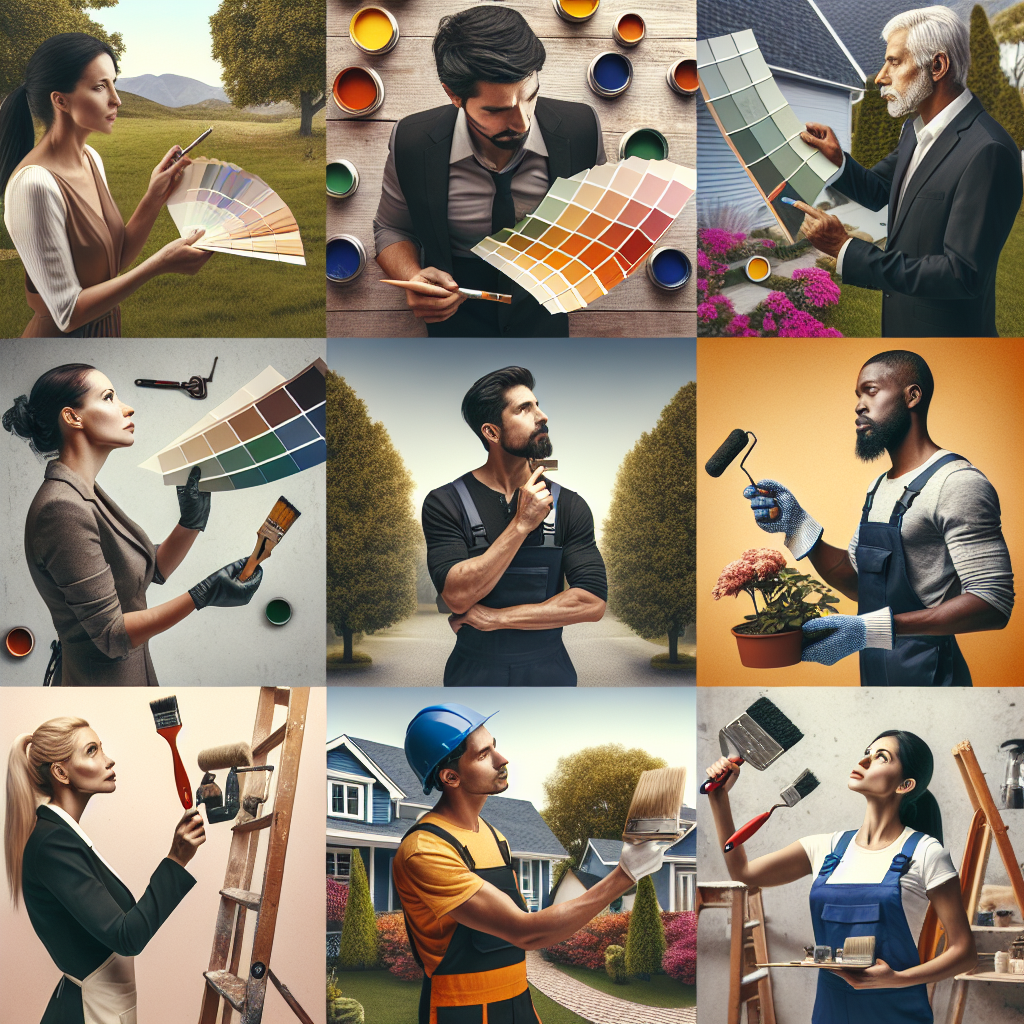 Create an intriguing yet professional image that resonates with the context of an article about the art of upselling services without being pushy. The image should primarily engage owners of service businesses such as painting, landscaping, roofing, and handyman services. Visualize a diverse group of individuals representing the specified occupations. For instance, a Caucasian male painter examining paint samples, a Hispanic female roofer inspecting a roof model, a Black male landscaper looking at plant samples and a Middle-Eastern female handyman examining tool selections. Ensure the expressions on their faces depict thoughtful decision-making rather than a sales pitch. No text, brand names, or logos should feature anywhere within the frame.