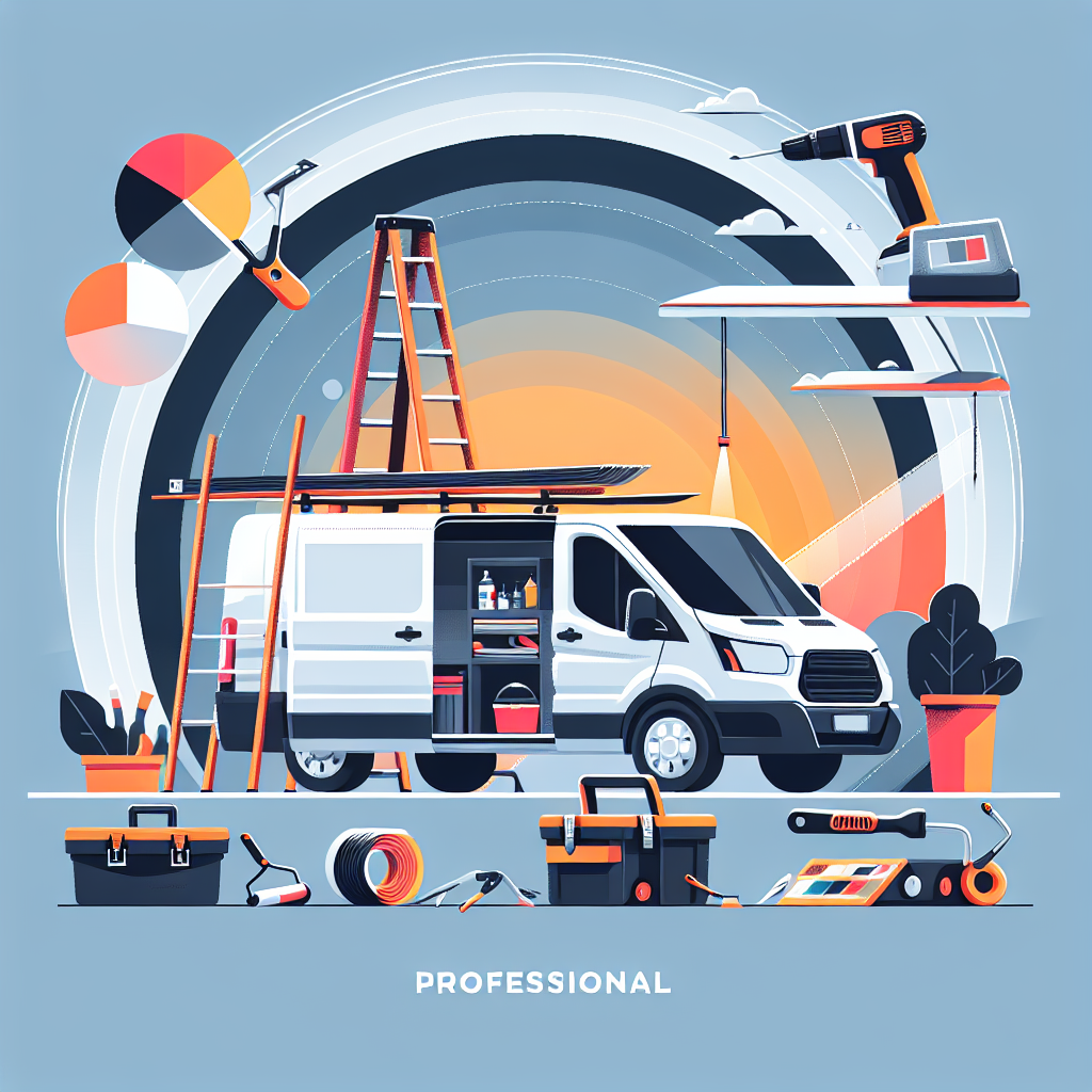 Create a professional flat-style illustration that speaks to service business owners including painters, landscapers, roofers, and handymen. The design should represent the process of transforming a van into a tool for business growth. Focus on a modern, sleek, and minimalist style. Depict the van and hint at its multi-functional usage, using bold colors and simple shapes. The image should be free of any text, brand names, or logos, reflecting a vector-based design. The scene should communicate the purpose effectively without the need for words.