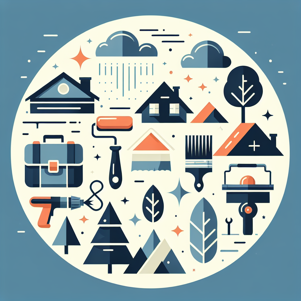 Generate a clean, professional flat-style illustration suited for a service-oriented article. The image should include symbols associated with painters, landscapers, roofers, and handymen such as a paintbrush, tree, roof, and a toolbox. It should follow a modern, minimalistic theme with vector-based designs, bold colors, and simple shapes. Ensure that there are no text, brand names, or logos included within the image.