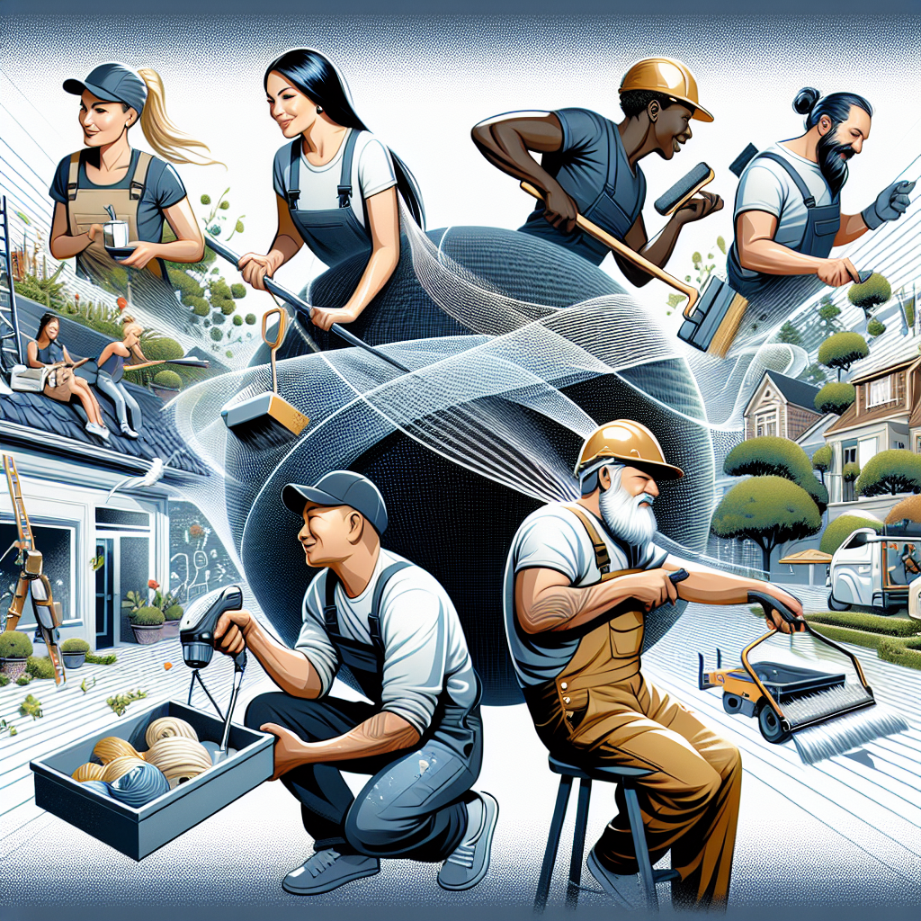 An illustrative image symbolizing competition between local service businesses and big companies online. The scene features four individuals, each representing different professions: a Caucasian female painter, an Asian male landscaper, a Black roofer, and a Hispanic handyman, all busily engaged in their respective tasks. They are juxtaposed against the abstract representation of an online world, perhaps depicted as a grid or wave symbolizing internet connectivity. There are no brand names, logos, or text within the image.