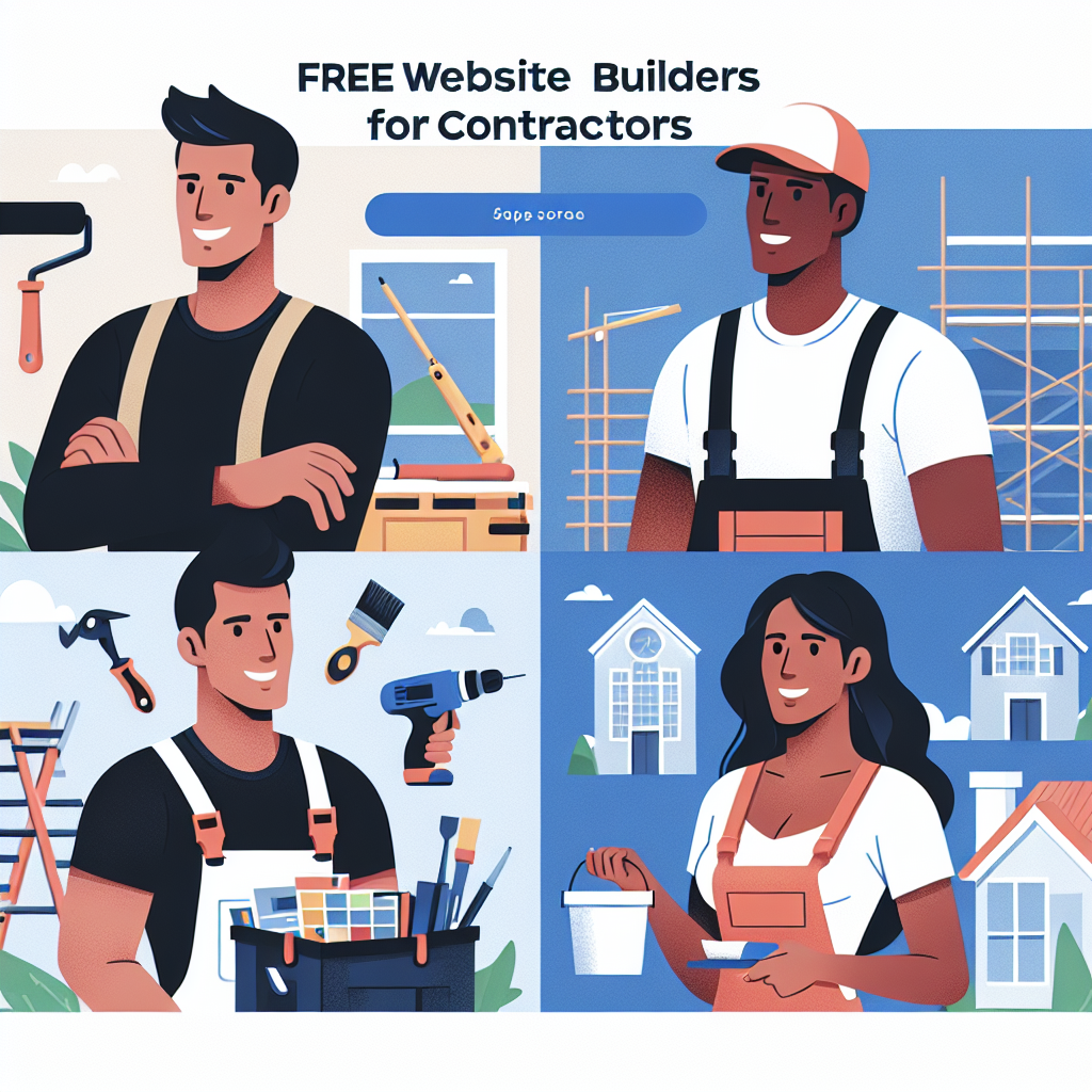 Create a clean, professional flat-style illustration that relates to the topic of free website builders for contractors. The image should visually appeal to service business owners including a Caucasian female painter, a South Asian male landscaper, a Hispanic male roofer, and a Black female handywoman. The design should be modern and minimalistic, using a vector-based approach. It should incorporate bold colors and simple shapes. The image should be free of text, brand names, and logos.