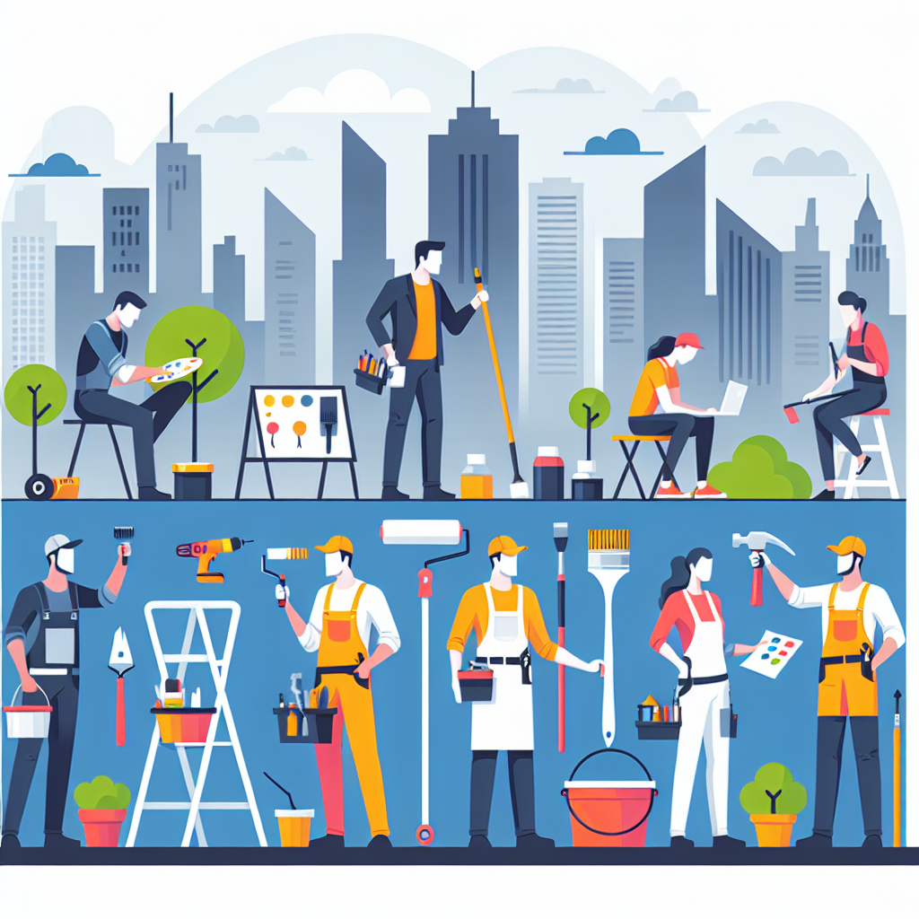 Create a clean, professional, flat-style illustration reflecting the concept of 'Starting a Handyman Business in a New City'. Visual elements should include a diverse group of people engaged in various service businesses like painting, landscaping, and roofing. The people should be identifiable through their tools and clothing, for example, a painter could be depicted holding a paint roller or an artist's palette, a landscaper with a rake or a potted plant, and a roofer with a hammer or measuring tape. The city backdrop should be sleek, modern, minimal, employing a vector-based design with bold colors and simple shapes. Ensure the illustration does not feature any brand names, logos, or textual context.